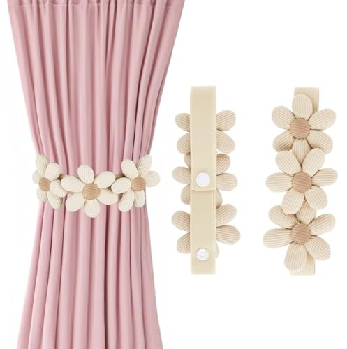 Andibro 2 Stück Vorhang Raffhalter, Blumen Gardinen Raffhalter Süße Boho Dekorative Vorhanghalter Elastisch Vorhang Halter mit Verstellbaren Riemen Gardinen Seil für Haus Büro Kinderzimmer (Beige)