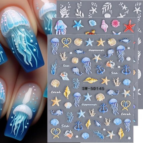 5D Geprägte Ozean Nagelsticker Sommer Aufkleber Summer Stickers Muschel Seestern Qualle Meerestiere Art Strand Design Zubehör