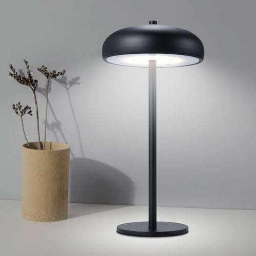 Lixada LED Tischlampe Kabellos, Akku Tischleuchte Dimmbar & Aufladbar mit USB-C, Runde Schreibtischlampe, Pilz Lampe & Nachttischlampe Schwarz Metall mit Batterie, 3 Farbtemperaturen Für Innen