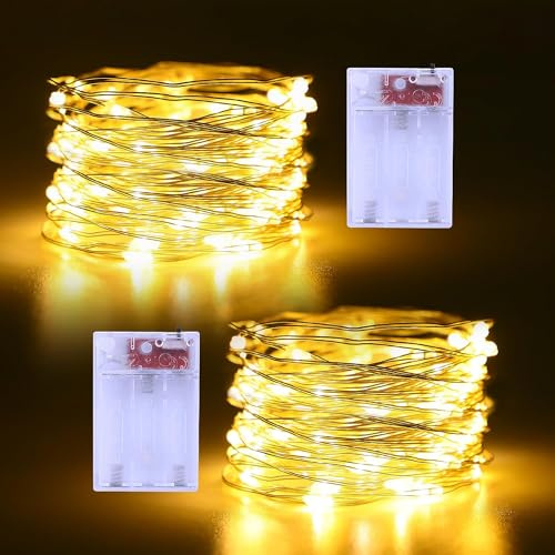 CCILAND 2 Pack Fairy Lights Battery Operated, 5M 50 LED Silver Wire String Lights Warm White Micro Twinkle Lights Waterproof for Indoor Outdoor Bedroom Wedding Party Bottle Tree Decor