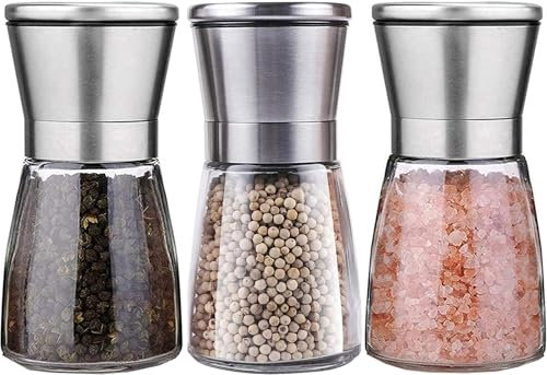AMZMUKAUP Salt and Pepper Mill, Spice Mill, Set of 3 with Adjustable Ceramic Grinder, Pepper Mill, Chili Mill for Salt, Spices, Pepper Mills (Without Spice Content)