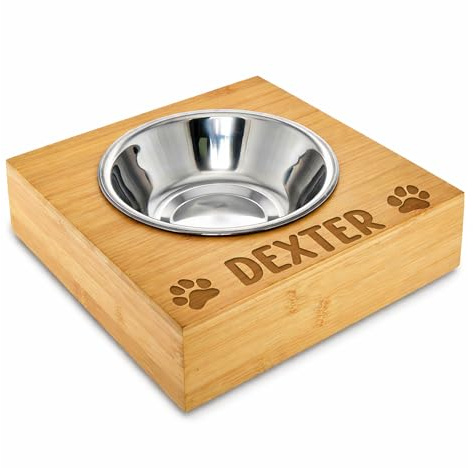 Personalised Dog Bowl with Bamboo Wooden Stand, Custom Engraved Dog Food & Water Bowl for Small Dogs, Puppies & Cats, Raised Pet Feeding Bowl, Small Dog Bowl, 27cm X 27cm (Design 02)