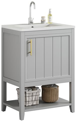 infirack Badmöbel Einzelwaschtisch,Waschtischunterschrank 60 cm mit Keramikwaschbecken,mit Ablage,weiß