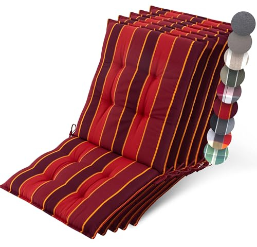 Beautissu 5er Set Premium Niedriglehner Auflage Gartenstuhl rutschfest | 100x50cm 8cm dick Rot gestreift robuster Stoff Polster Befestigungsbänder UV-Lichtechtheit 5 Gartenstuhlauflage Robust Sun-NL