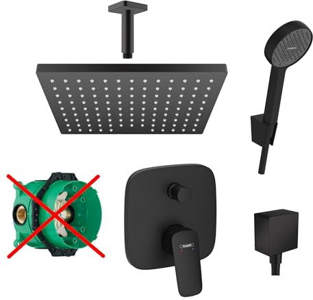 Hansgrohe Duschsystem Unterputz Duscharmatur Hansgrohe schwarz HGSK08-ob | Duscharmatur von Hansgrohe Logis Einhebelmischer und Hansgrohe Regendusche Duschkopf eckig, Dusch-SET schwarz matt
