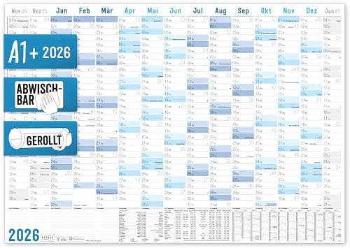 Häfft® abwischbarer Wandkalender 2026 groß Blau 89 x 63 cm (größer als A1) gerollt, Wandplaner für 15 Monate: Nov 2025 - Jan 2027 - nachhaltig & klimafreundlich