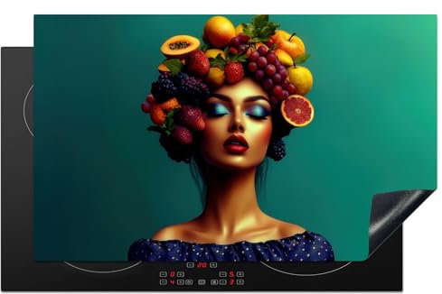 KitchenYeah© Induction Hob Protector Mat 20.5x33.5 / 85x52 cm Cooker Top Protectors Cover Ceramic Covers Electric Hobs Vinyl Woman - Headdress - Tropical - Fruit - Grapes