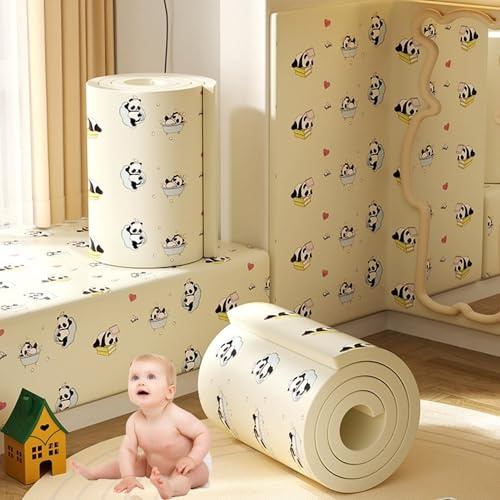 Aeovot Wandpolster Selbstklebend mit Panda-Muster - 3D Antikollision Wandpaneele Gepolstert - 20x200cm Wandkissen Kinderzimmer, Wandschutz Bett Kopfteil Kantenschutz Polsterpaneel Wand(Beige)