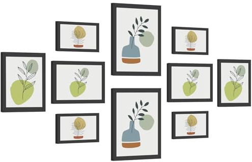 Cozary Kit di 10 Cornici Foto con Vetro, Dimensioni Varie, Due da 20x25cm, Quattro da 13x18cm e Quattro da 10x15cm, Cornici Multiple da Parete e Portafoto da Tavolo per Soggiorno, Camera, Pranzo