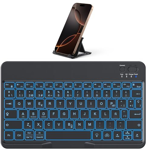 OMOTON Teclado Bluetooth para iOS/Android/Windows con Soporte para teléfono, Teclado para iPad con retroiluminación, Recargable, QWERTY, Teclas agrandadas, inalámbrico portátil, ultradelgado​