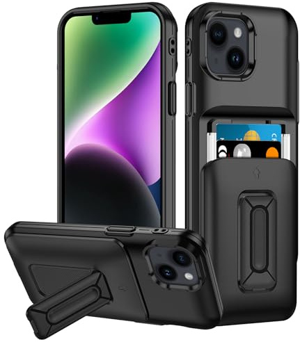 Coolden for iPhone 14 Case with Card Holder [2 Cards] Kickstand Slide Cover Military Grade Heavy Duty Protective Hard PC Soft Silicone Shockproof Wallet Card Slot Phone Case for iPhone 14-Black