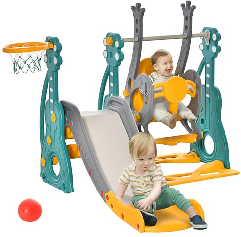 HOMCOM Toboggan et balançoire pour Enfants 4 en 1, Aire de Jeux Tout-Petits avec Panier de Basket, Toboggan, balançoire, siège réglable en Hauteur, pour l'intérieur et l'extérieur, Bleu et Jaune