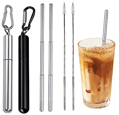2 Pack Telescopic Stainless Steel Straws, Reusable Collapsible Metal Straws with Cleaning Brushes & Aluminium Storage Cases, Portable Folding Straw for Home, Travel & Camping (Silver & Black)