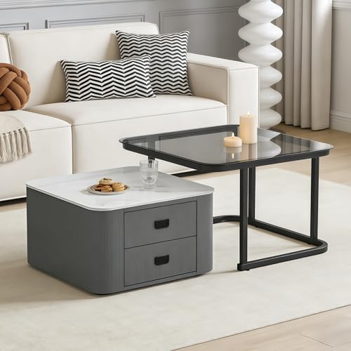 Generisch Quadratischer Nesting Couchtisch mit 2 Schublade, 2 teilig Wohnzimmertisch, Sofatische Kaffeetische Set, Marmoriert, Gehärtetes Glas, Schwarz Metallgestell, für Empfangszimmer, Büro, Grau
