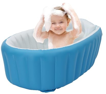 awolsrgiop Aufblasbare Baby Badewanne mit Luftpumpe, 77x40x25cm Faltbare Babywanne mit Rutschschutz & Seitentasche, Leicht zu Reinigen, Ideal für Reise & Zuhause, Blau