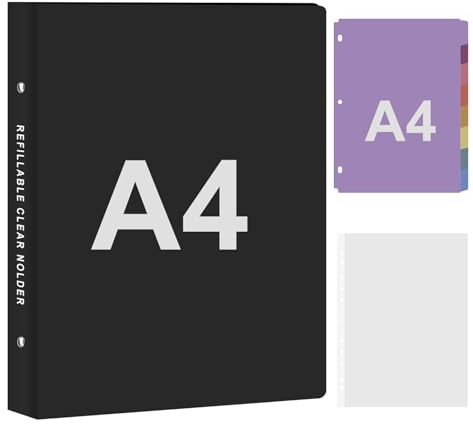 3-Ring Binder Display Folders, A4 Presentation Ring Binder Folders with 50 A4 Punched Pockets and 8 Colorful PP Divider Pages, Display Folder with Plastic Sleeves for Home School and Offices - Black