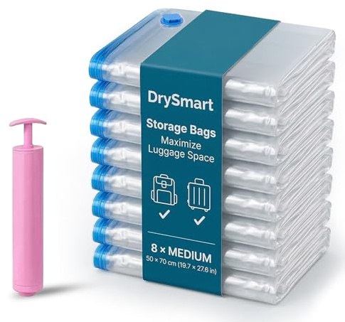 DrySmart 8 Vacuum Storage Bags with Hand Pump, (50 x 70cm) Medium Compression Storage Pack with Zip Seal, Space Saver Vacuum Pack Bags for Clothes, Bedding, Blankets, Luggage, Travel & Home