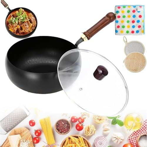 Generisch Eisenpfanne Geschmiedet, Japanische Eisenpfanne Ohne Beschichtung, 20-30 Cm Handgefertigt Gehämmert Schmiedeeiserne Pfanne, Antihaftend, Langlebig & Hitzebeständig Wok (Glasdeckel, 24CM)