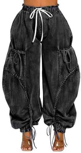 Dam Baggy Cargo Jogger Jeans Dragsko Hög Midja Resår Midja Lösa Harem Jeans Träningsbyxor Svart Grå Mellan