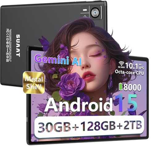 SUAAT 2026 Tablet Android 15【30 GB + 128 GB+ 2 TB】【Gemini AI】 10,1 pollici, Widevine L1, Octa Core, 8000 mAh, 8 MP + 5 MP, BT 5.0, GPS, GMS, tablet con custodia di protezione, Nero