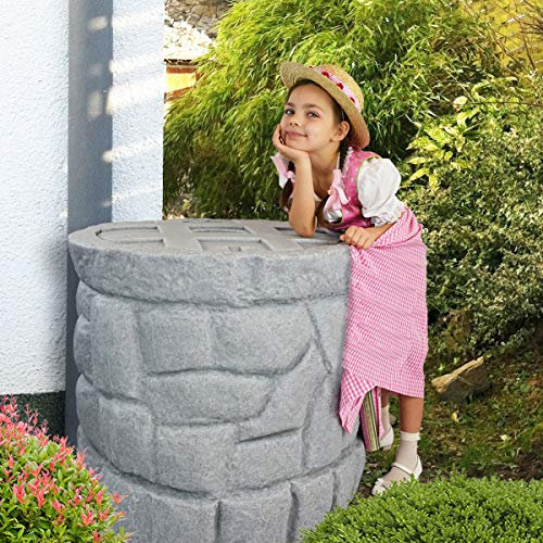 Sonderpreis! Regentonne Regenfass Regenspeicher Regenwassertonne Märchenbrunnen 330l mit Wasserhahn und stabilem Deckel (Granit-grau)
