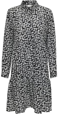 JdY Damen Kurzes Langarm Kleid Gemusterte Tunika Falten Bluse Rüschen Hemd Oberteil V-Neck JDYPIPER, Farben:Schwarz-3, Größe:36