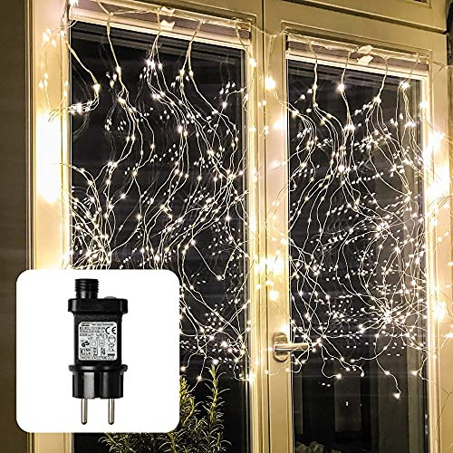 Hellum LED-Vorhang Kupferkabel Girlanden Lichterketten-Vorhang Außen+Innen 360 warmweiße LED, 12 Stränge beleuchtet 110x100cm Schlafzimmer Wohnzimmer Kinderzimmer Deko Balkon Garten Timer+Trafo 578751