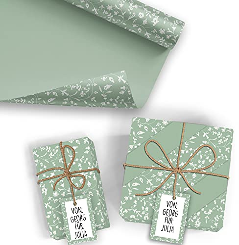 5x Geschenkpapier Motiv Blumenranke/Eukalyptus - 5 große Bogen je 70 x 100 cm - verpackt als eine Rolle - inkl. Passende Geschenkanhänger - Umweltfreundliche Geschenkverpackung - Marke Neuser
