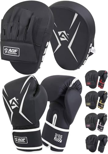 AQF Boxhandschuhe Und Pratzen Set Für Boxsack Kickboxen Kampfsport Training | 08–16 Oz, Box-Set Erwachsene, Kunstleder, Mehrlagige Polsterung, Komplettes Trainingsset, Boxing Gloves Mit Gebogenen Boxpad