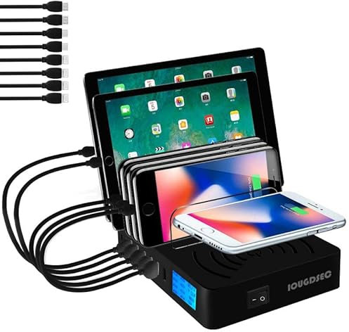 Station de charge rapide PD20W QC3.0 multi-ports USB, station de charge Qi sans fil 9 en 1 pour plusieurs appareils avec écran LCD compatible avec iPhone, iPad, Samsung, Huawei et plus encore