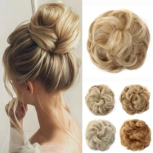 JJstar Haarteil Mit Gummiband, Groß Dutt Haarteil Gelockt Haargummi Mit Haaren Hochsteckfrisuren Haarverlängerung Messy Bun Haarteile für Damen Mädchen Pferdeschwanz (Helles Honigblond)