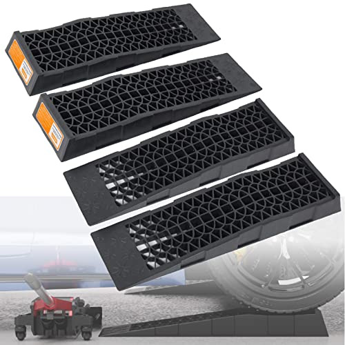 OULEME Low Profile Car Service Ramp with Anti-Slip Pads, 2-1/2 Lifting Height, 4 Pack, Portable for Lift Lowered Low Down Rise Clearance Racing Sports Car Vehicle Maintenance | Low-Chassis Car Ramp with Anti-Slip Pads, 27.5x7.75x3, 3 Ton Load Capacity, for Jack Support and Oil Changes