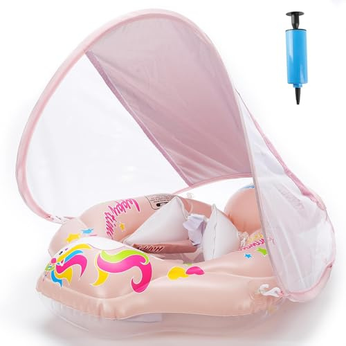 Busdeals Inflatable Baby Swimming Float, Baby Swimming Ring with Removable Sun Protection Canopy and Manual Pump, Baby Pool Float Inflatable Training Toy for 6-30 Months Infant Toddler(Pink)
