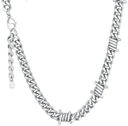 Barbed Wire Necklace Stainless Steel 9mm Cuban Chain with Spike, 41cm/51cm Punk Thorns Chain Choker Necklace