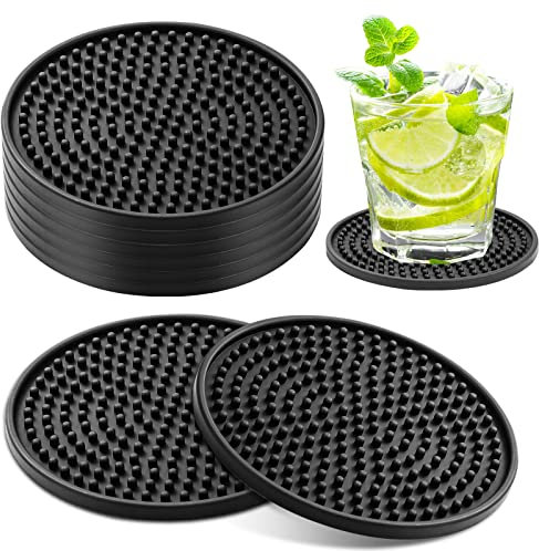 8 PCS Black Coasters, Silicone Thick Design(0.2inch) Round Mugs Coasters Set of 8 for Drinks, Raised Anti-Skid Design Coffee Pads Beer Bar Mat, 10 * 10 * 0.5cm