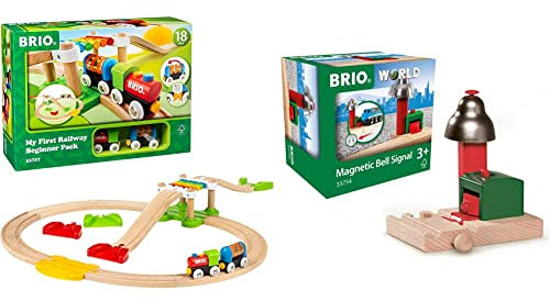 BRIO World 33727 Mein erstes Bahn Spiel Set - Zug mit Waggon, Schienen & Hängebrücke & World 33754 Magnetisches Glockensignal – Eisenbahnzubehör für die BRIO Holzeisenbahn – Multi-Colour