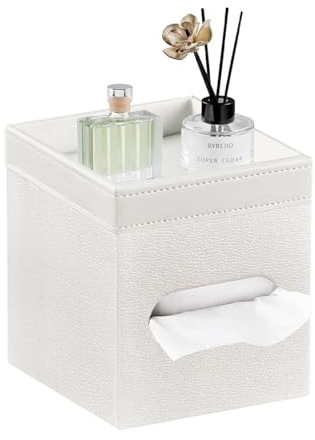 Tissue Box Cover Square, PU Leather Tissue Cube Box Holder with Storage Valet Tray, Decorative Tissue Holders, Modern Tissues Case Napkin Dispenser Facial Paper Organizer for Bathroom Vanity