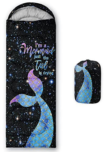 Datura home Kinder-Schlafsack für Jungen und Mädchen, glitzernder Meerjungfrauen-Druck, leicht, warm, tragbar, für drinnen und draußen, wasserdicht, kältebeständig, Schlafsack für Camping, Wandern