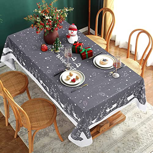 Yrendenge Weihnachtstischdecke Grau Tischdecke Abwaschbar Outdoor Tischtuch Rechteckig wasserdichte, Cartoon Häuser Elch Tablecloth für Winter Ferien Wohnkultur, Weiß 140 x 200 cm