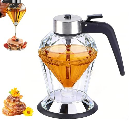 Honigspender Glas Tropffrei, Einhand Dosierer für Honig, Sirup und Öl, mit Diamant-Design, Rutschfestem Silikonfuß, Spülmaschinengeeignet, Küchenhelfer mit Elegantem Diamant Design