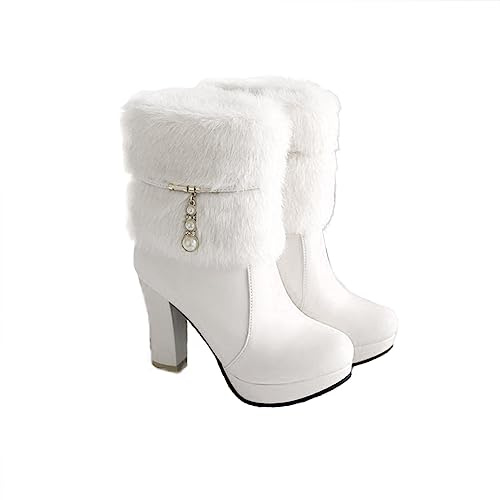 UTIKLIOU Women's Ankle Boots Platform Boots Side Zip Chunky Heel Booties with Fur Round Toe Leather Winter Boots for Women (White Size 8.5)