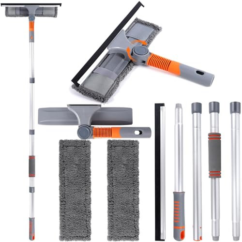 GUHAOOL Lavavetri Telescopico 2 in 1, Lavavetri Professionale per Vetro con Asta di Prolunga (Fino a 162cm) e 2 Panni Microfibra, Testa Rotante 180°, Spazzola Lava Vetri per La Pulizia del Vetro Alte