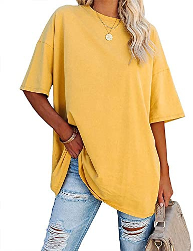 Ebifin Överdimensionerad damtröja, rund hals, kortärmad, ledig, lös, basic, sommartröja, gul (02), XXL
