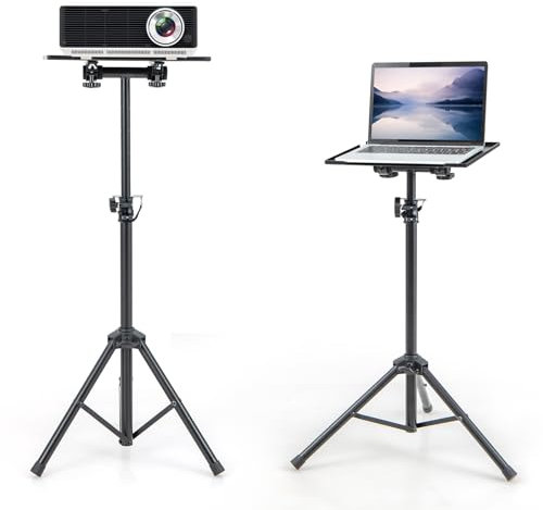 GYMAX Beamer Ständer, Dreibeinstativ höhenverstellbar von 70cm bis 118,5cm, tragbares Projektorständer mit kippbarem Tablett & rutschfesten Füße, Projektor Halterung für Laptop & Kamera