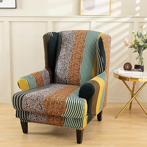 Hixingo 2-Teilig Ohrensessel Überzug, 3D-Geometrisch Sesselbezüge, Stretch Ohrensessel Bezug Abnehmbar für Wohnzimmer Schlafzimmer Hotel Sesselschoner (One Size,Grün Braun)