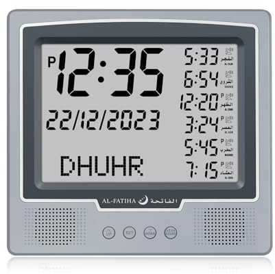 Azan Alarm Table Clock, Automatic Worldwide Digital 8 Azan Prayer Sounds, Muslim Prayer Clock for Home Decor, Ramadan Gift (Grey)