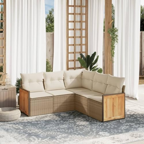 Faroom Balkon Ecklounge mit Stauraum Gartenlounge Klein Balkon Lounge Rattan Sofa Balkonsofa Kleiner Balkon Sitzecke Balkon Loungemöbel Gartensofa Ecksofa Balkonmöbel beige and Cream 5-tlg-Type-80