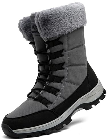 Topwolve Snow Boots Men's Waterproof Winter Boots Outdoor Warm Fur Lined Mid Calf Walking Boots,Grey,8.5 UK