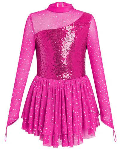 Odizli Robe de ballet pour fille à manches longues avec paillettes et sequins - Gymnastique, maillot en maille, tutu, robe de danse, vêtements de patinage artistique, Rose, 3-4 ans