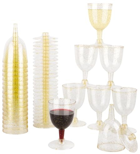 BEYGIH 30 Stück Weingläser Kunststoff, 170ml Abnehmbar Weinglas mit Goldglitter, Mehrweg Cocktailgläser mit Stiel für Getränke zu Hochzeiten Partys für Whisky Champagner Bier oder Pudding Mousse